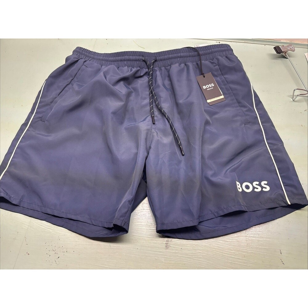 BOSS Beach Men Size XL 5.5" Drawstring Logo Swim Trunks Lined Navy Blue NWT